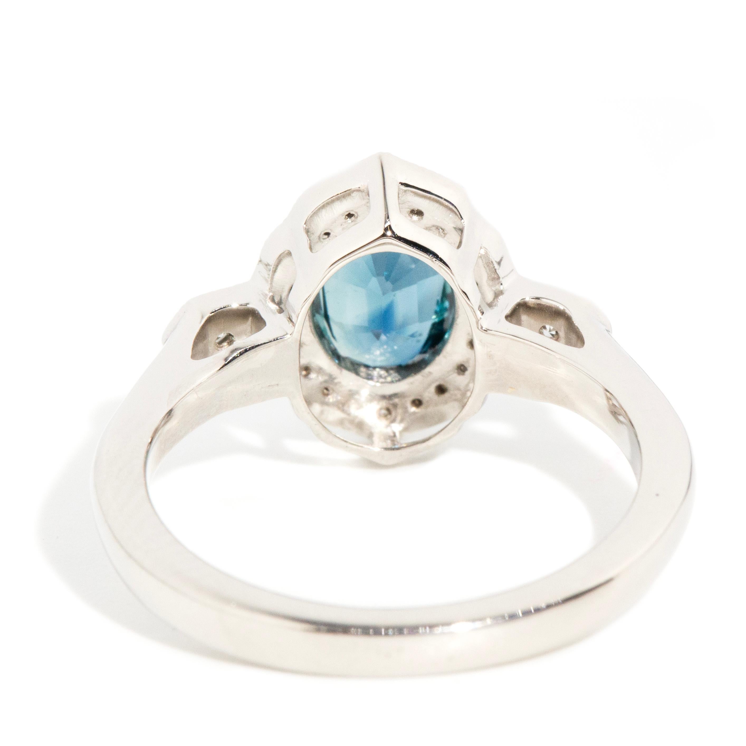 Contemporary Platinum Oval Teal Sapphire & Diamond Halo Milgrain Cluster Ring For Sale 2