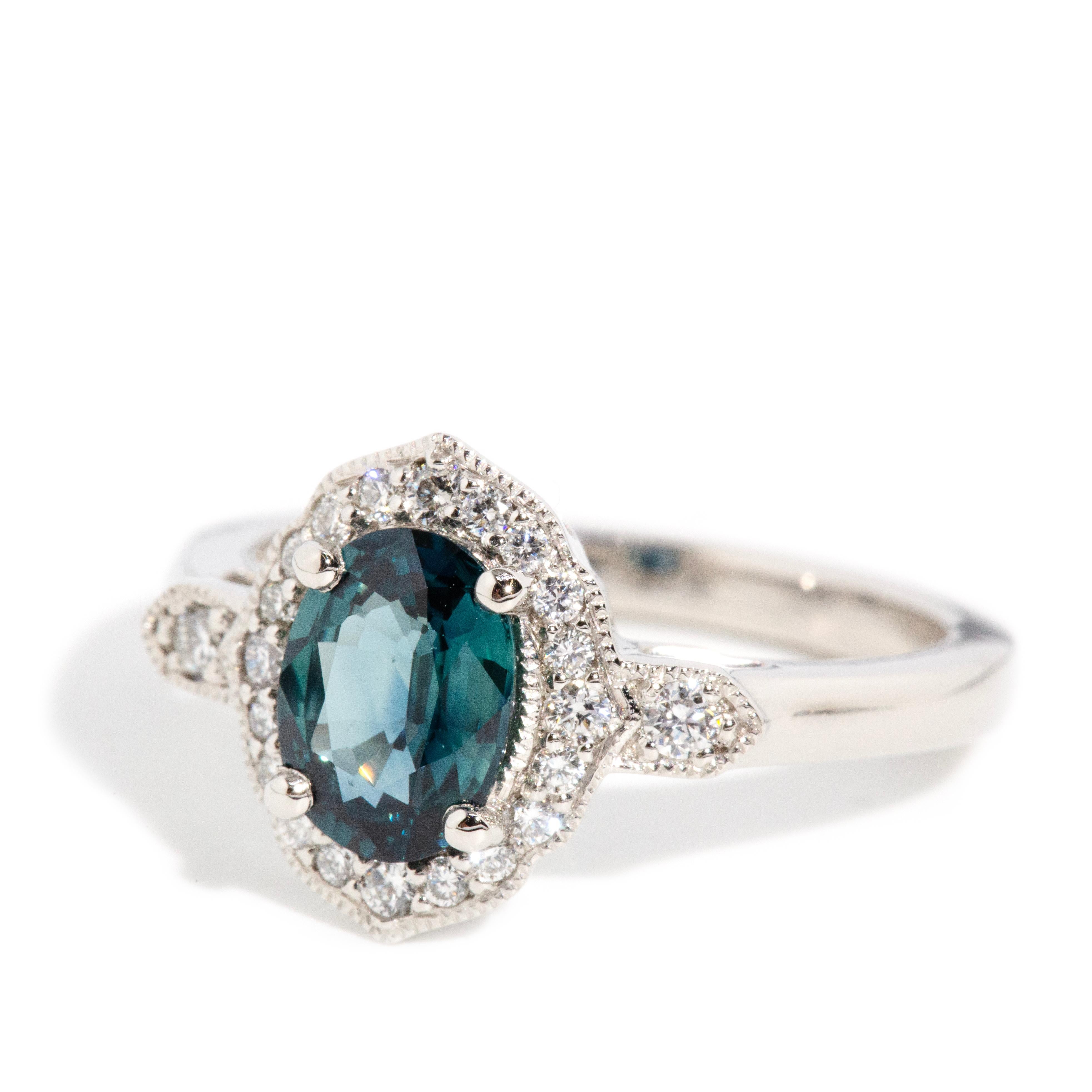 Contemporary Platinum Oval Teal Sapphire & Diamond Halo Milgrain Cluster Ring For Sale 4