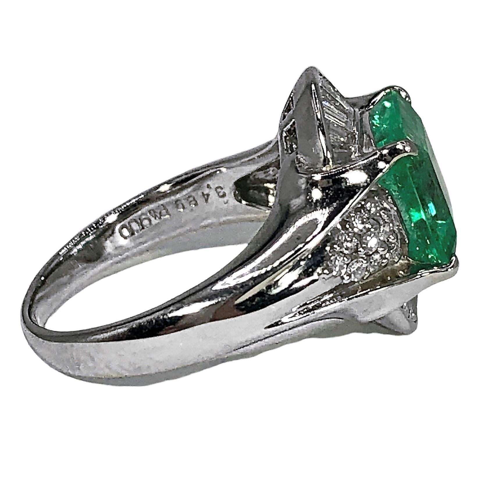 Emerald Cut Contemporary Platinum Ring with 3.48ct Emerald and Diamonds
