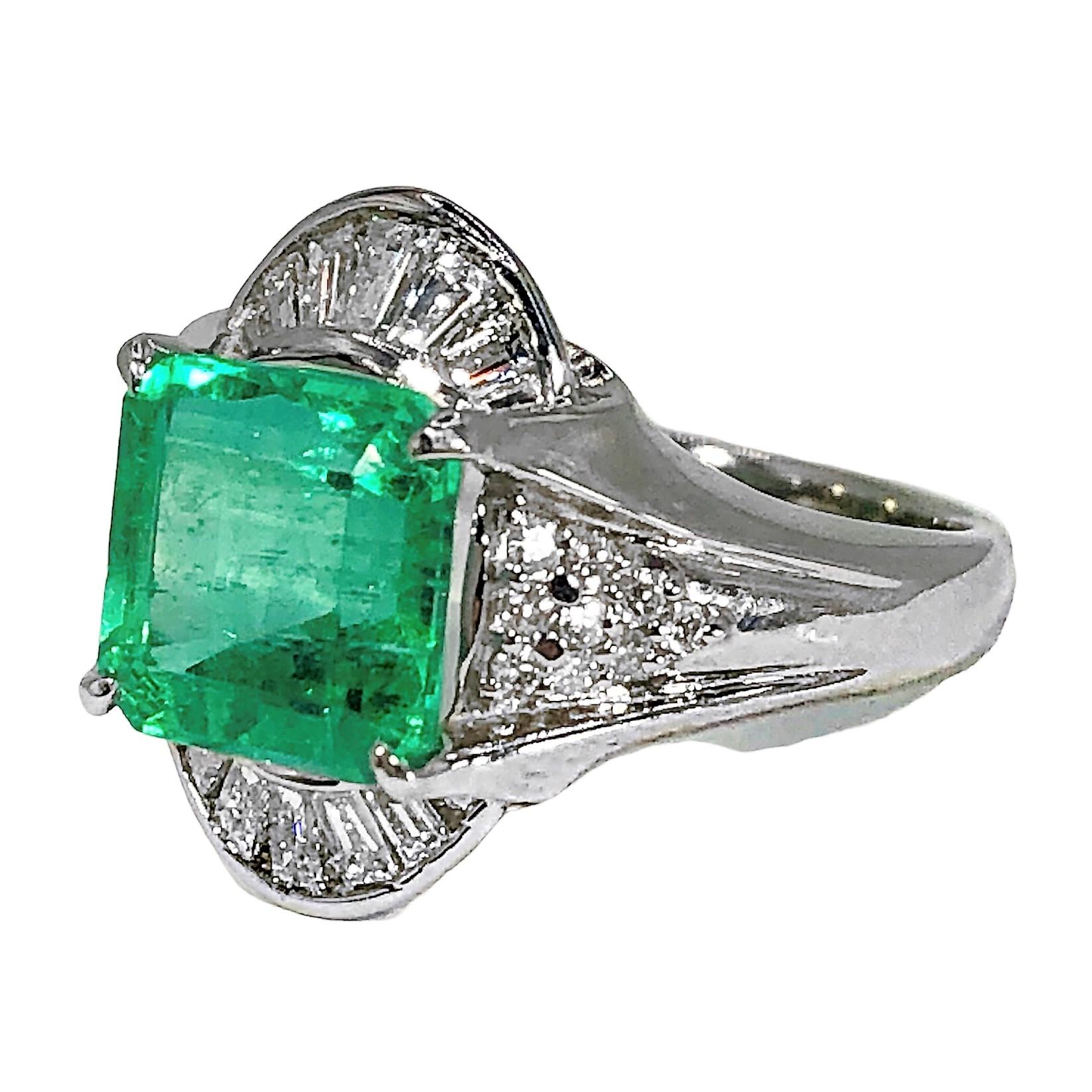Women's Contemporary Platinum Ring with 3.48ct Emerald and Diamonds