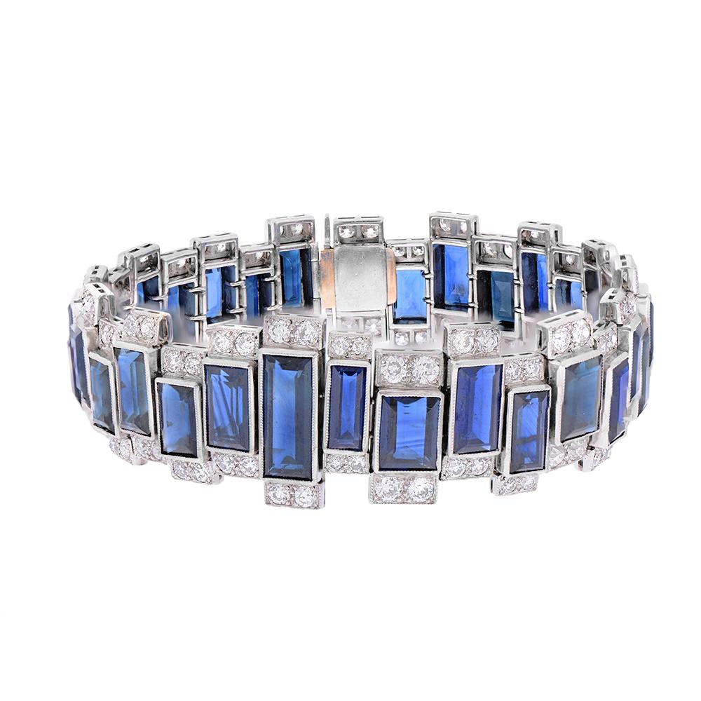 Baguette Cut Contemporary Platinum, Sapphire and Diamond Geometric Bracelet