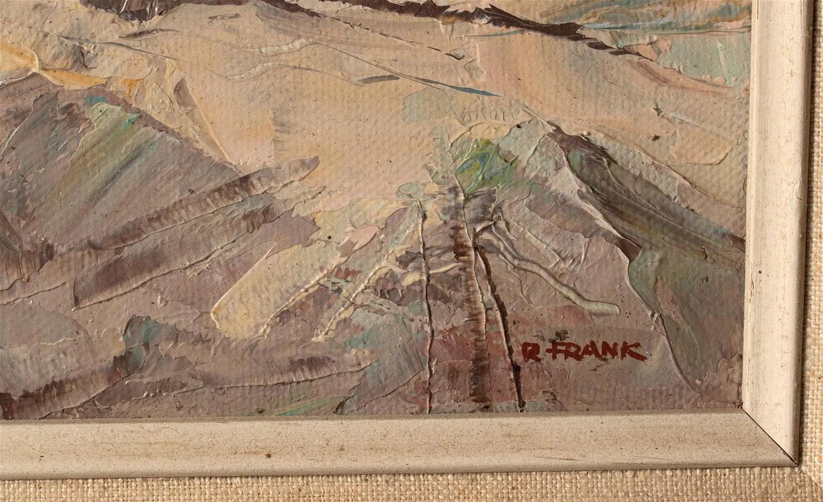 Late 20th century oil on canvas impressionist coastal landscape painting.  Signed R Frank lower right corner, lots of palette knife work.  Displayed in ornate gray wash wood frame, opening size 9.5