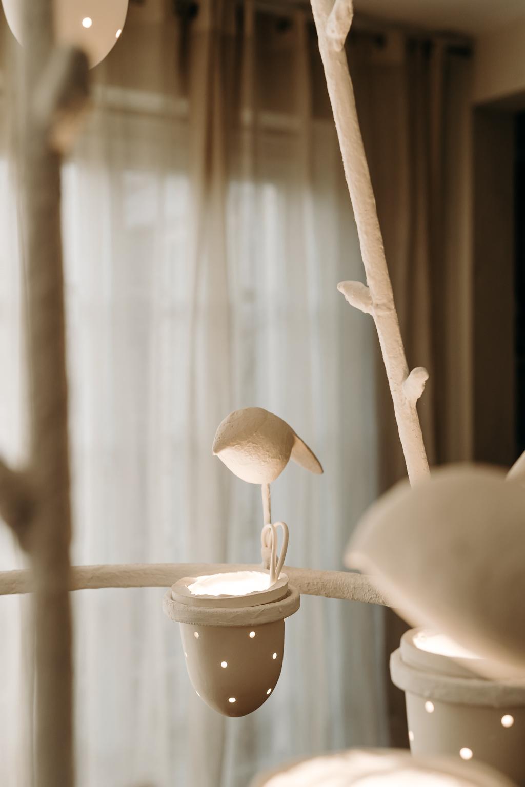 Contemporary Poetic White Plaster Bird Chandelier, Jacques Darbaud 9
