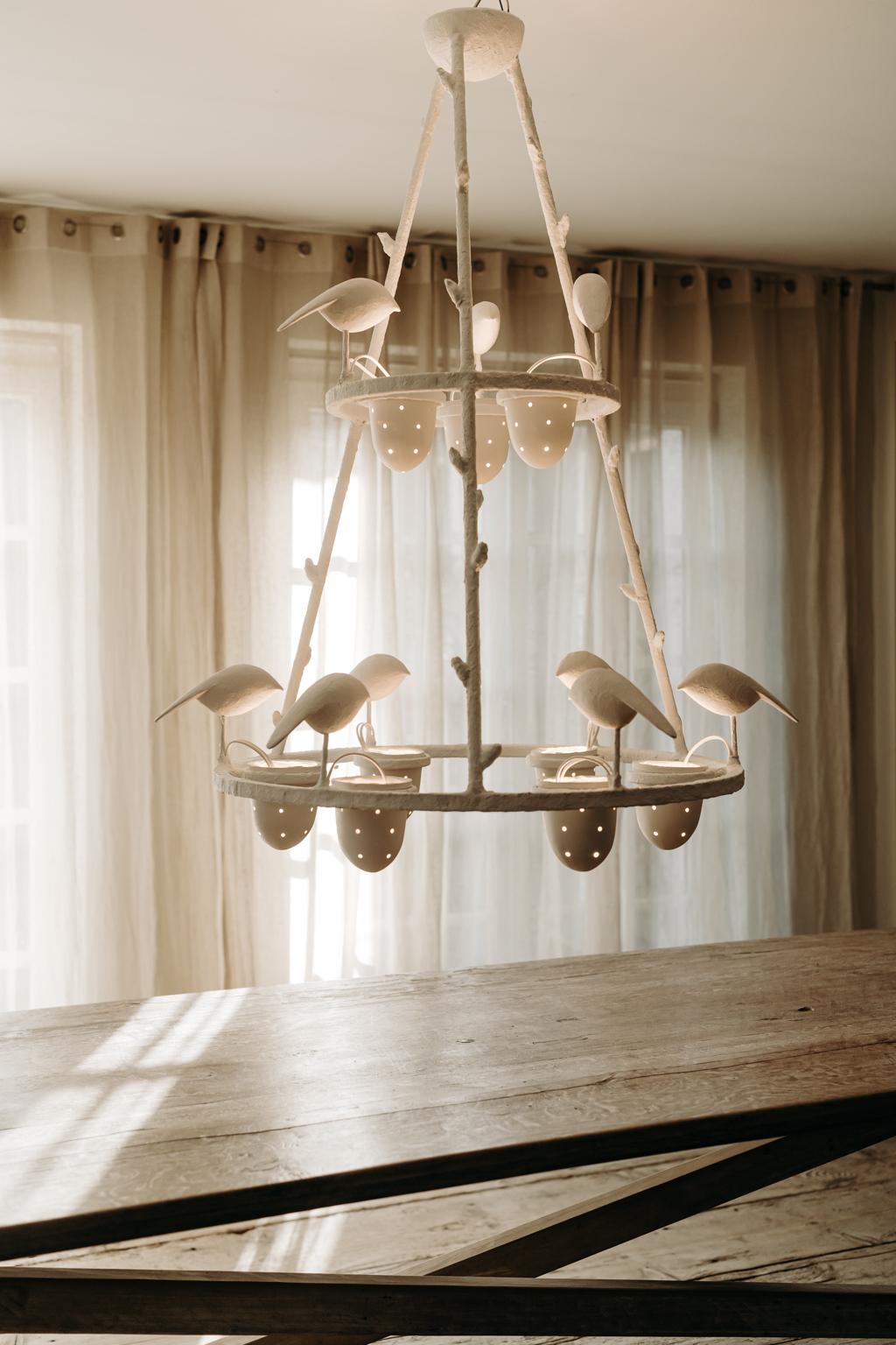 Contemporary Poetic White Plaster Bird Chandelier, Jacques Darbaud 7