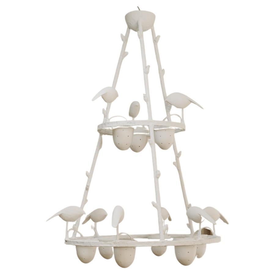 Contemporary Poetic White Plaster Bird Chandelier, Jacques Darbaud For Sale
