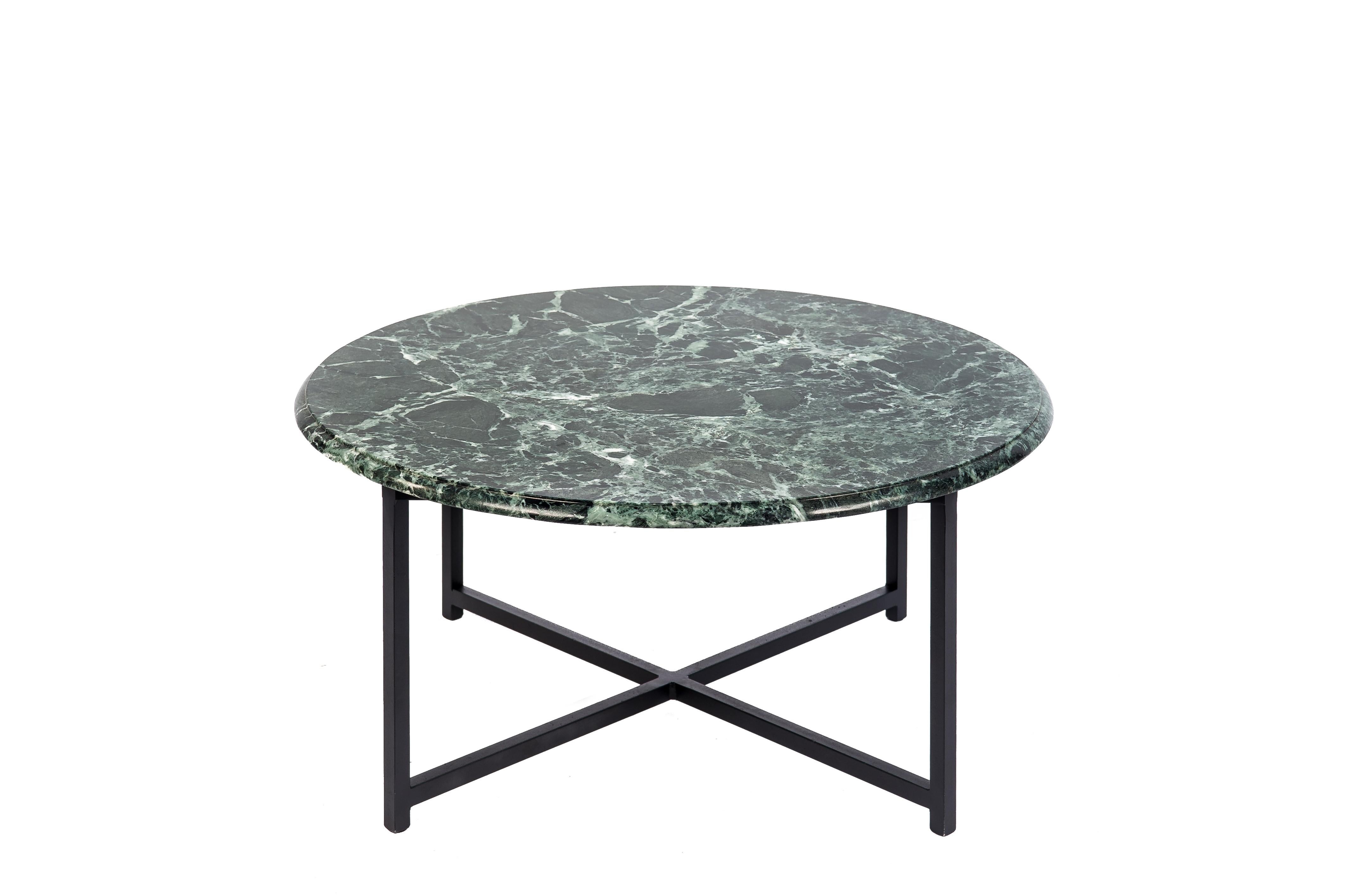 A beautiful combination of a circular marble top with a steel base. The black and green-veined marble top have a molded edge and an intricate vein pattern. The marble top was polished to a high degree of gloss and contrasts well with the matte black