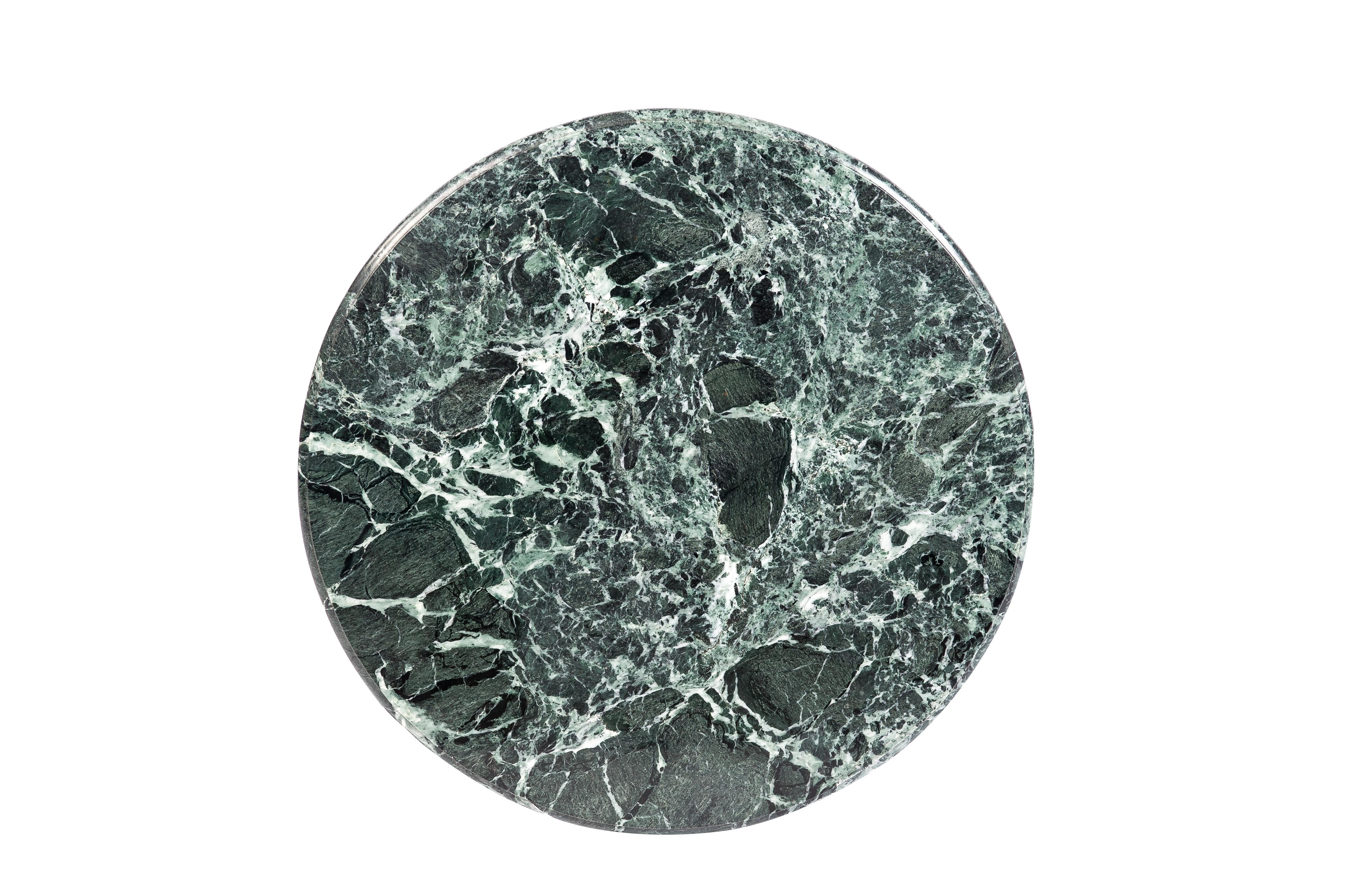 Belge Table d'appoint ronde contemporaine en marbre noir et vert poli sur socle en acier en vente