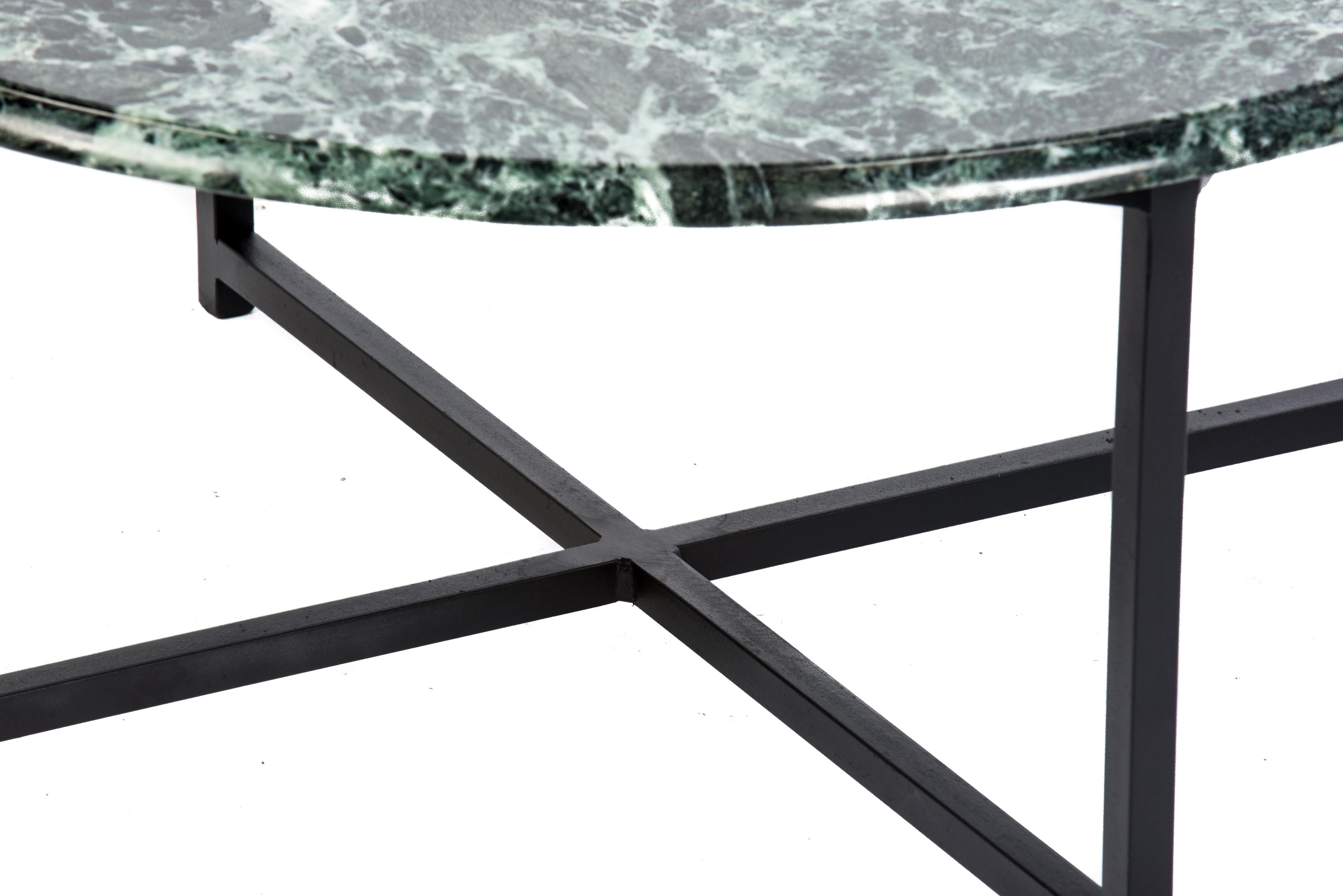 Contemporary Polished Black / Green Marble Round Occasional Table on Steel Bas For Sale 1