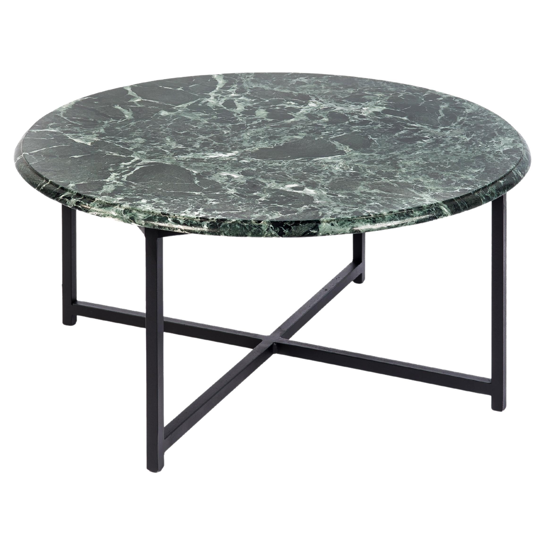 Contemporary Polished Black / Green Marble Round Occasional Table on Steel Bas For Sale