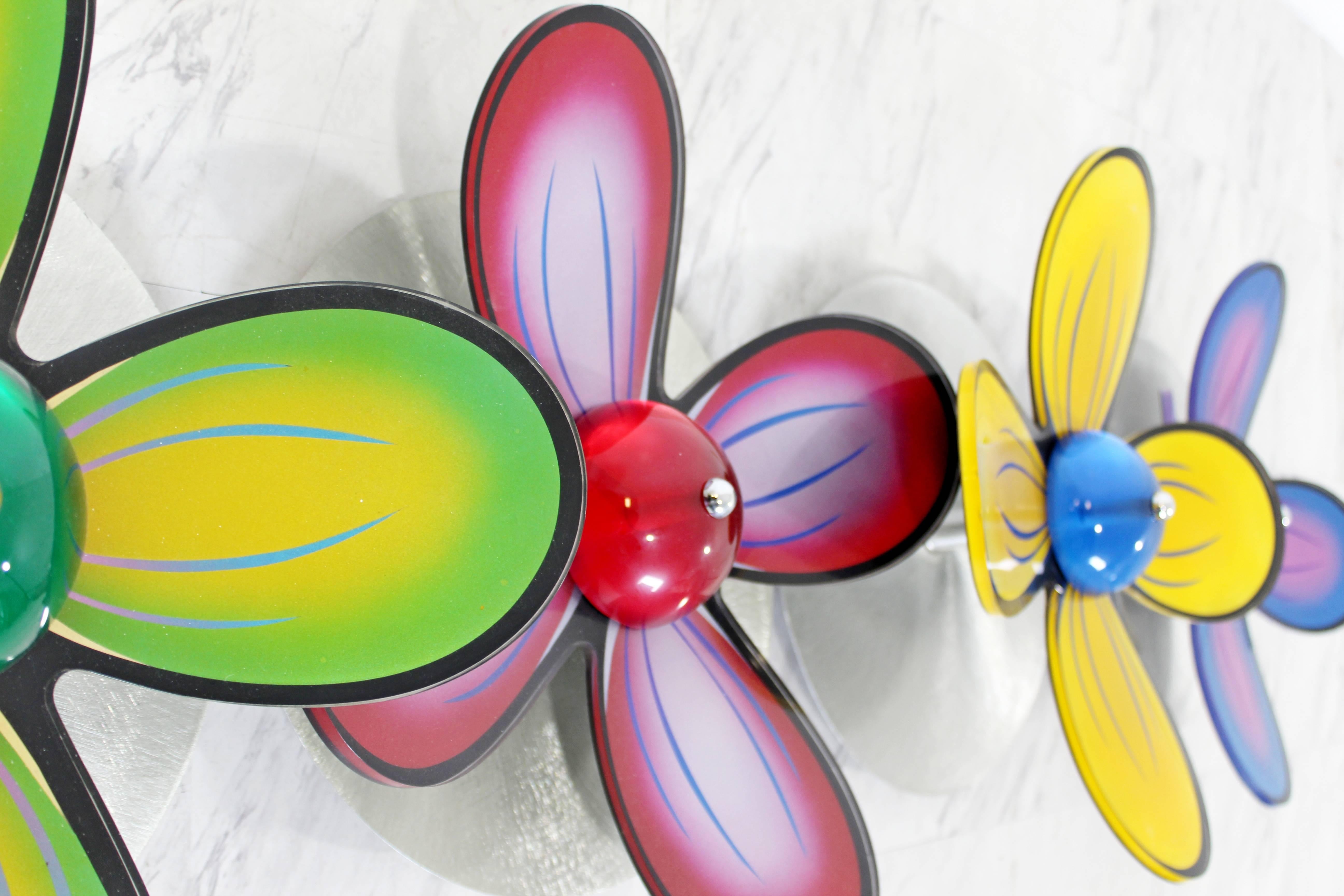 American Contemporary Polished Metal Colored Lucite Acrylic Flower Wall Sculpture Haziza