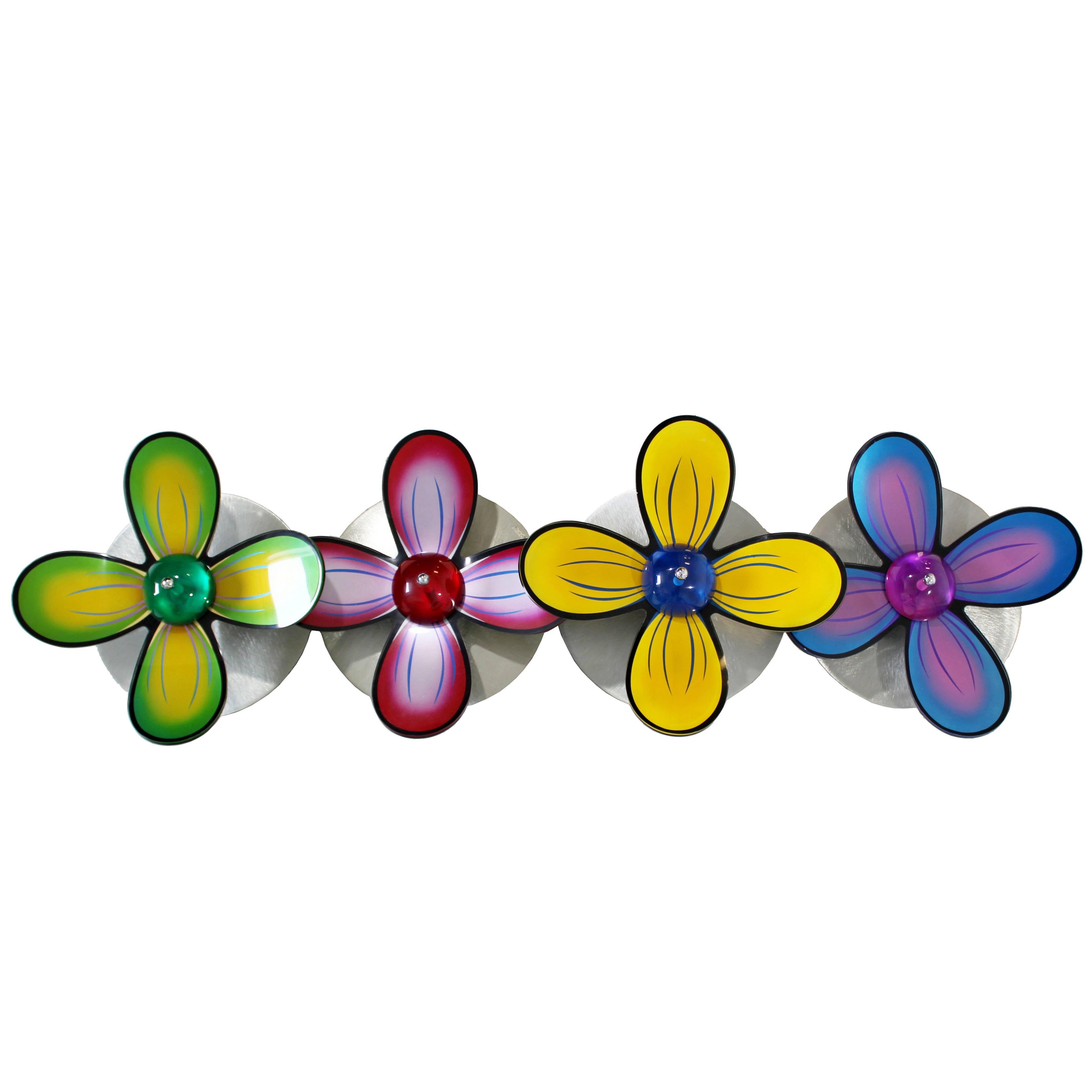 Contemporary Polished Metal Colored Lucite Acrylic Flower Wall Sculpture Haziza