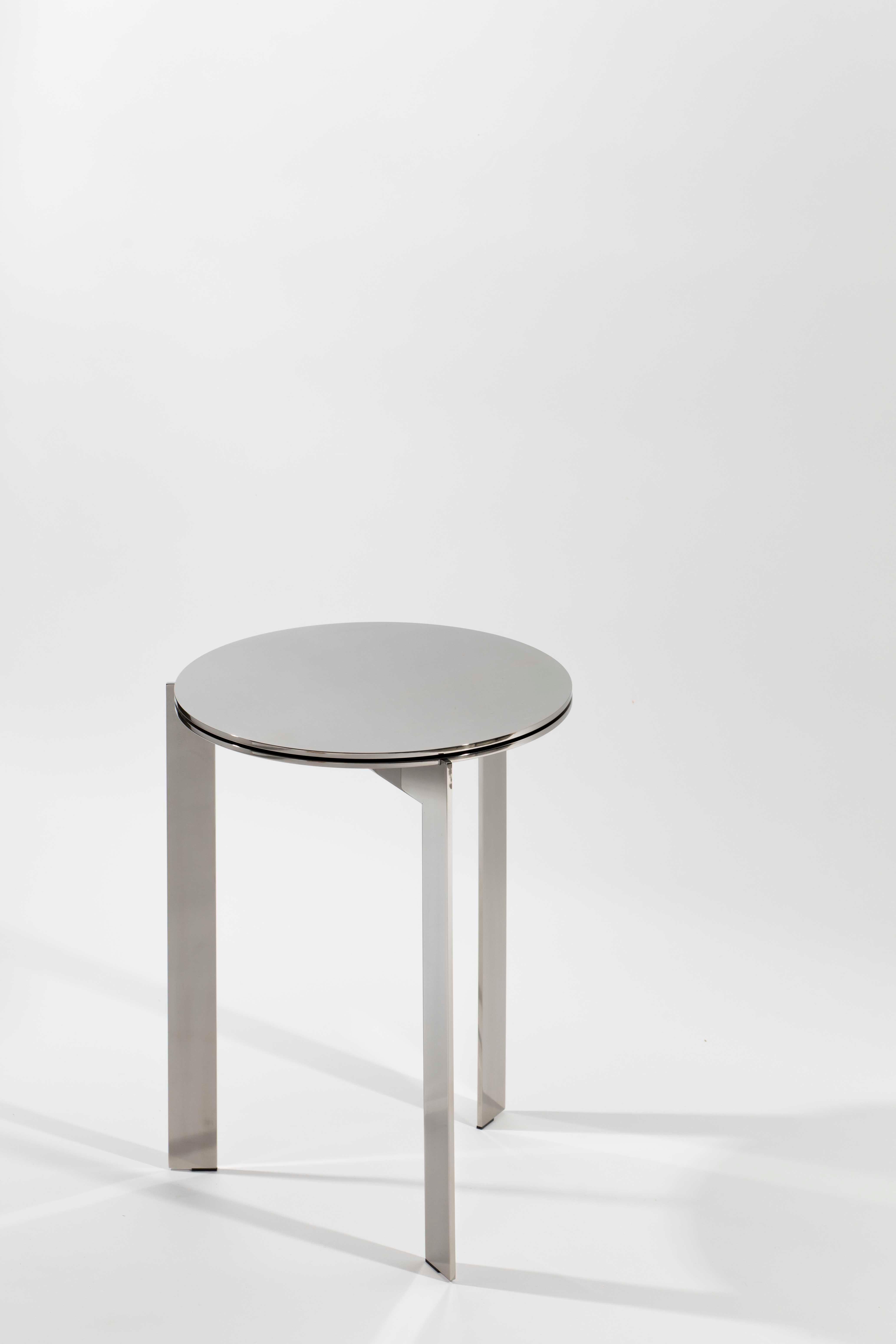 Minimalist Modern contemporary round side table, polished stainless steel, Belgium For Sale