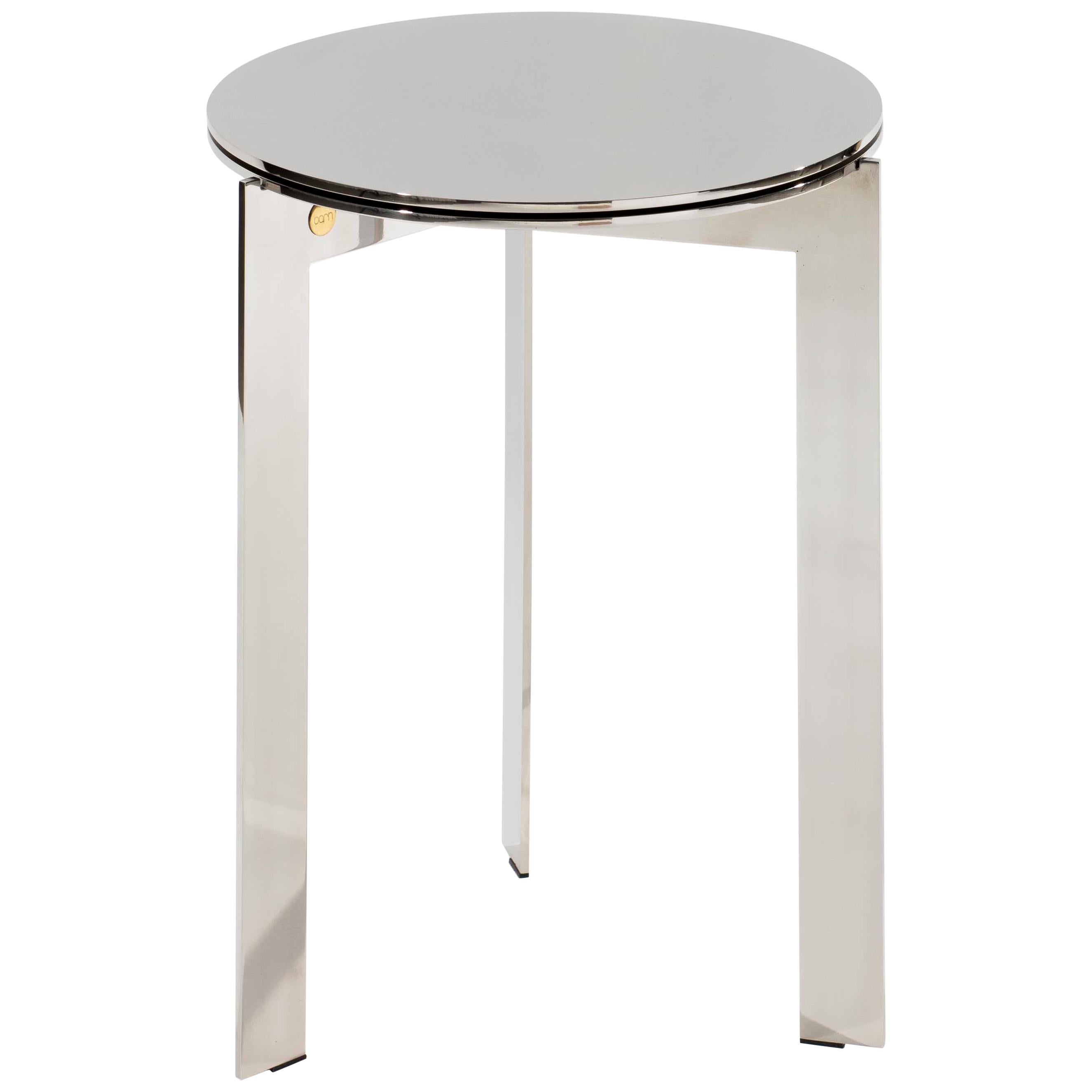 Modern contemporary round side table, polished stainless steel, Belgium For Sale