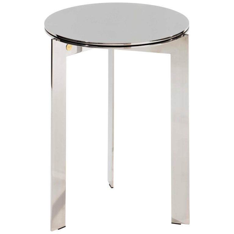 Contemporary Polished Stainless Steel, Meso White Marble Polished Nickel Frame Round Side Table