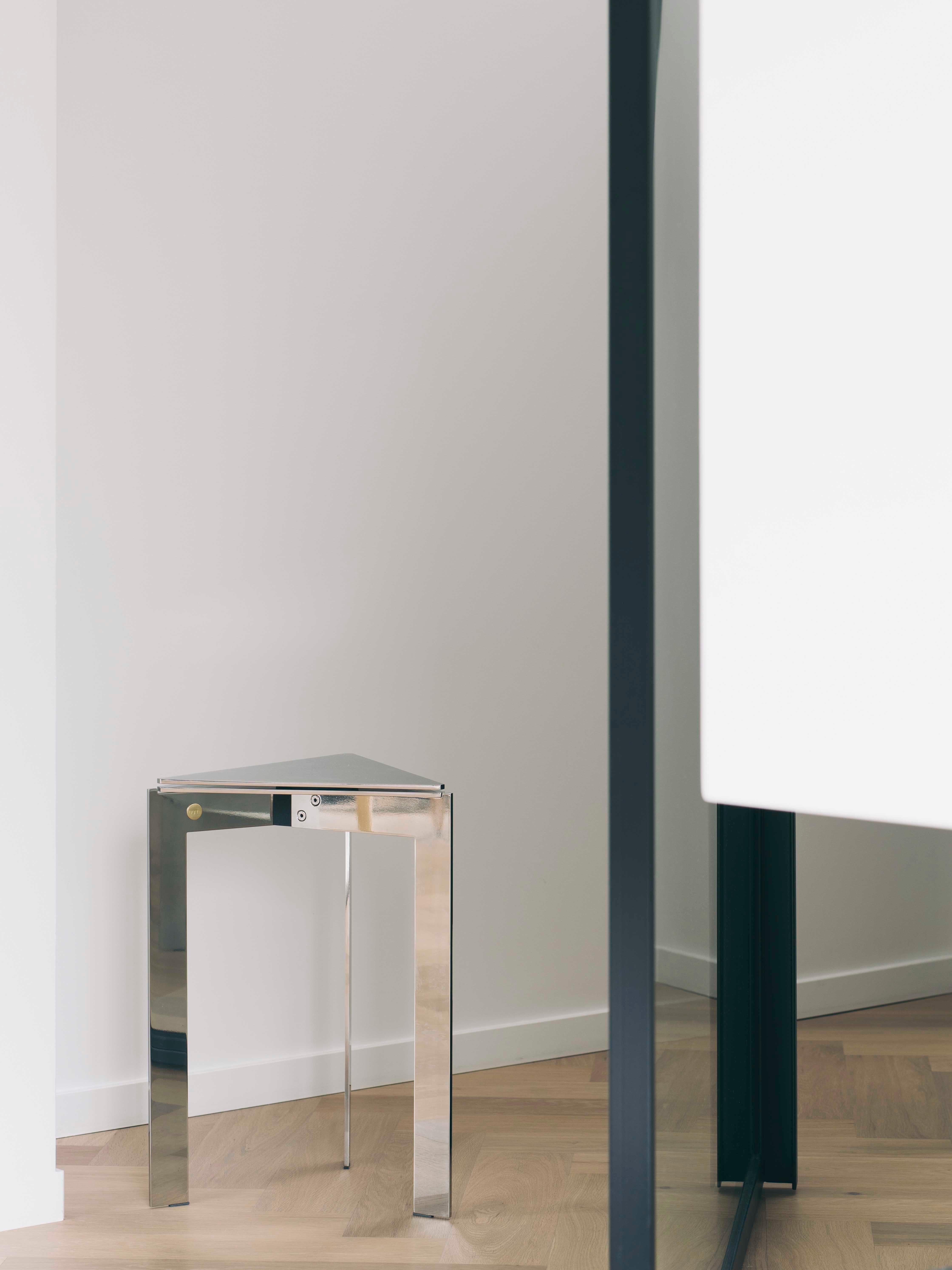 Minimalist Modern contemporary triangular side table, polished stainless steel, Belgium For Sale