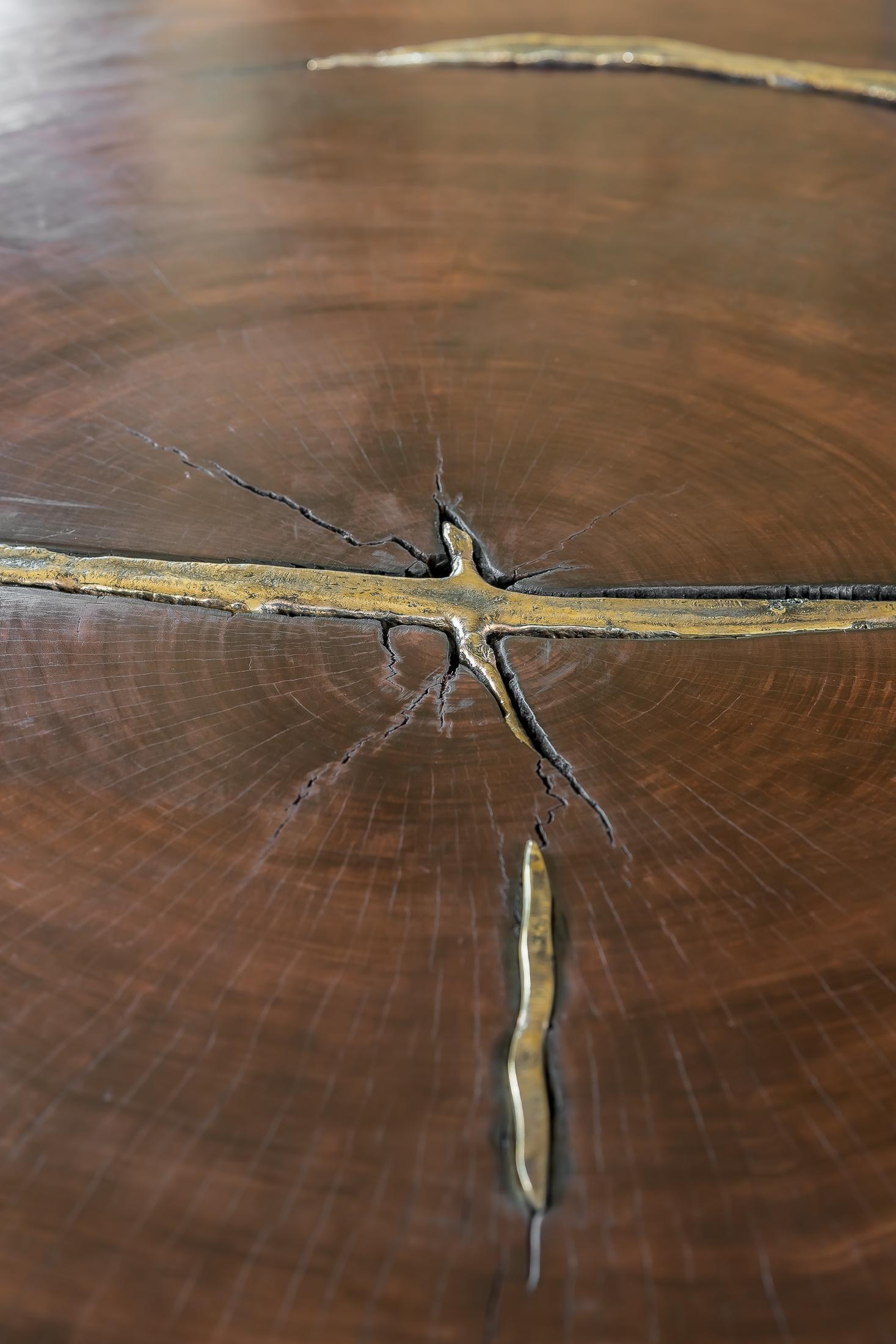 Contemporary Waterbubinga Holz poliert, Messingguss Couchtisch im Angebot 11