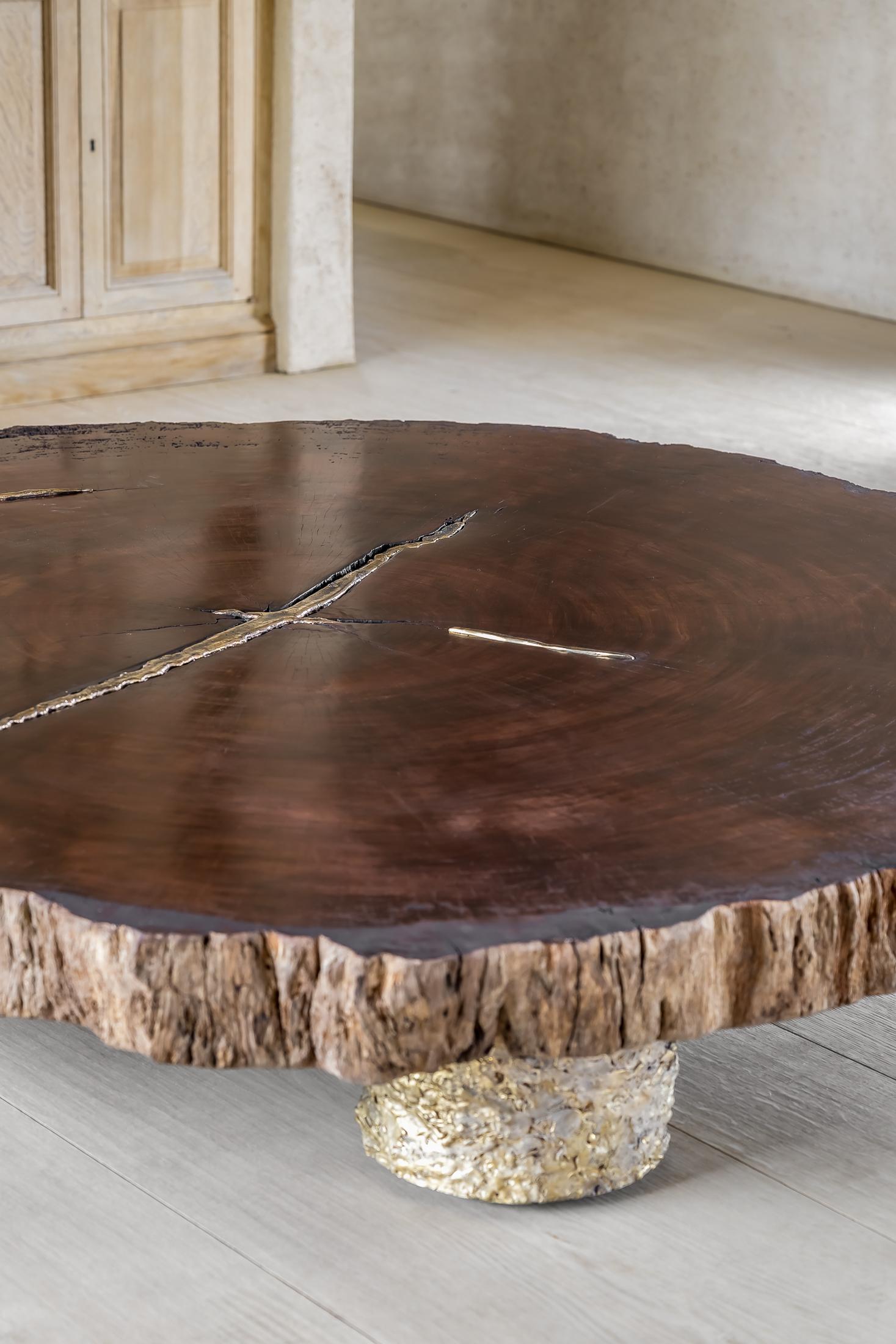Contemporary Waterbubinga Holz poliert, Messingguss Couchtisch (Belgisch) im Angebot