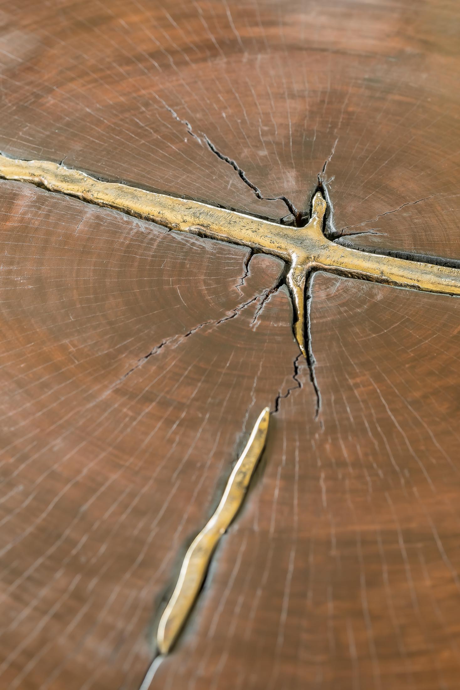 Contemporary Waterbubinga Holz poliert, Messingguss Couchtisch im Angebot 2
