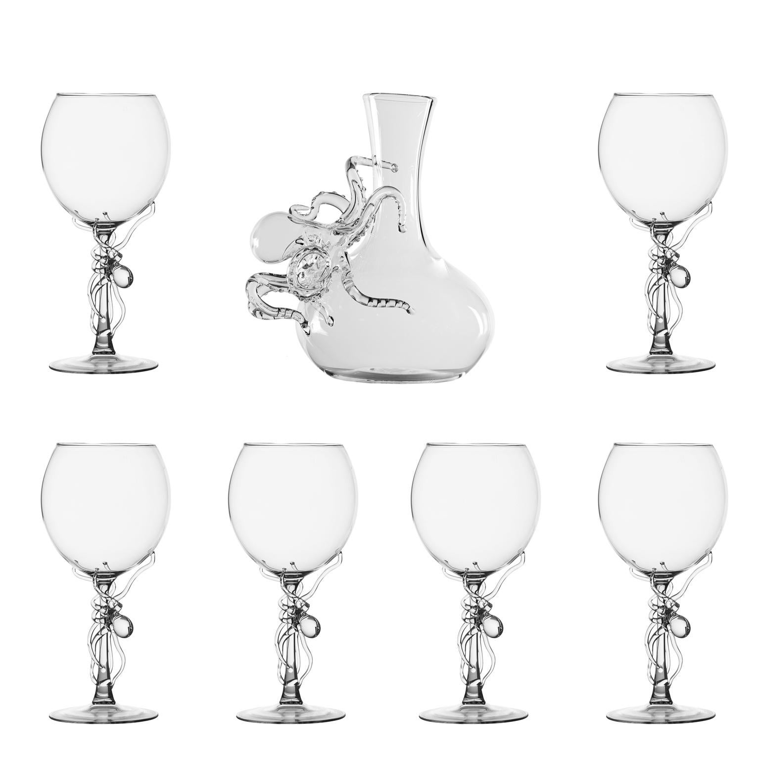 Other Contemporary Polpo Octopus Hand-Blown Wine Glass Red Playful Elegant Sea Animal For Sale