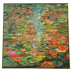 Peinture de jardin contemporaine d'un étang d'Eric Alfaro intitulée "Clear Waters".