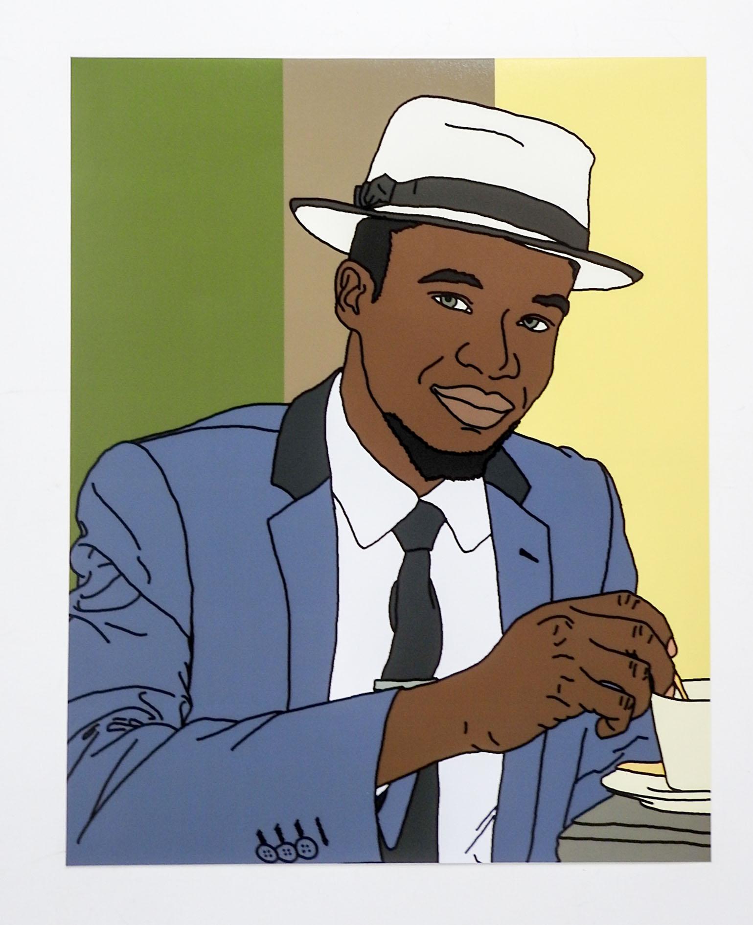 Contemporary 2021 Pop Art giclee print on satin photographic paper paper by David Grinnell (21st century) Texas. Printed artist and titled Blue Suit White Hat on verso. Graphic stylish portrait of African American man with his coffee. Unframed, very
