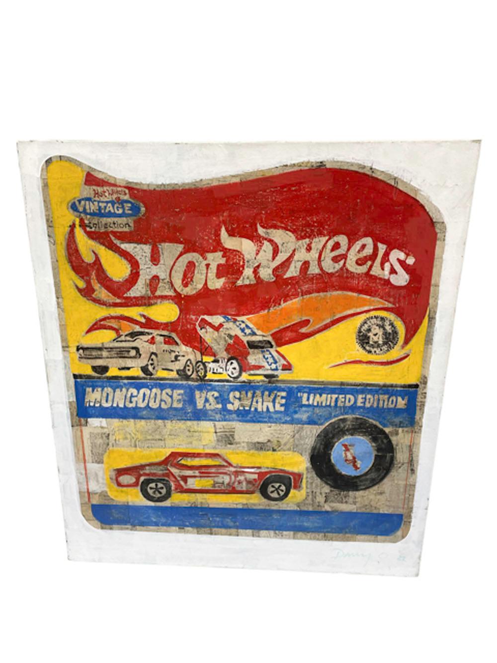 Contemporary oil and paper on canvas 'Hot Wheels - Mongoose vs. Snake' painting based on vintage packaging and advertisement materials. By Danny O'Conner and signed lower-right Danny O' '22. In this work Danny uses newspaper and paint on canvas to