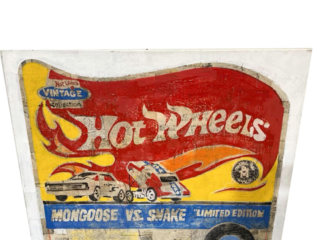 Modern Contemporary Pop Art 'Hot Wheels, Mongoose vs. Snake' Oil & Paper on Canvas For Sale