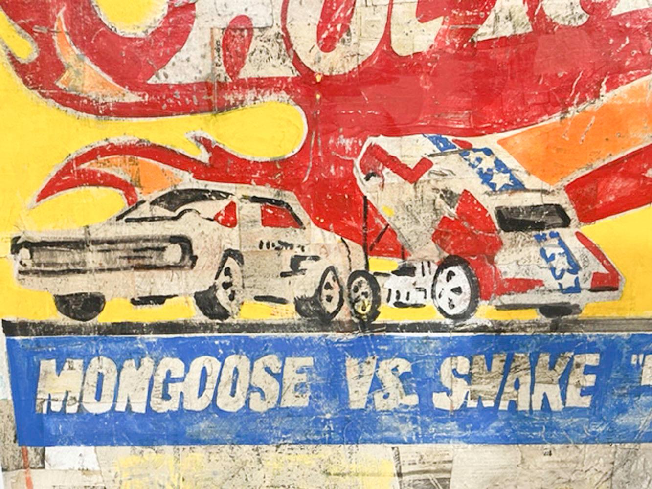 Contemporary Pop Art 'Hot Wheels, Mongoose vs. Mongoose Snake' Öl & Papier auf Leinwand (21. Jahrhundert und zeitgenössisch) im Angebot