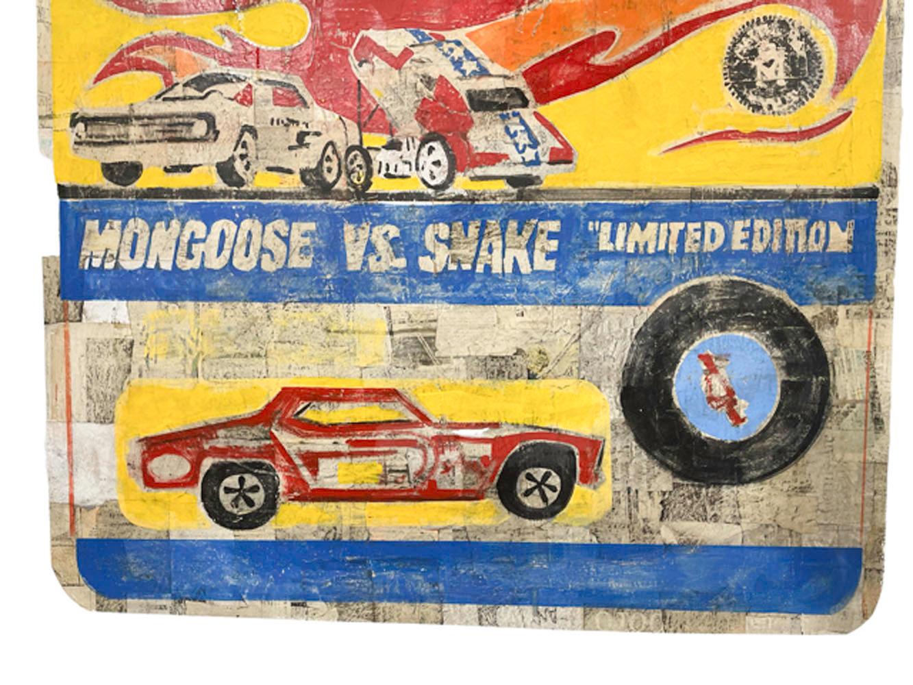 Hand-Painted Contemporary Pop Art 'Hot Wheels, Mongoose vs. Snake' Oil & Paper on Canvas For Sale