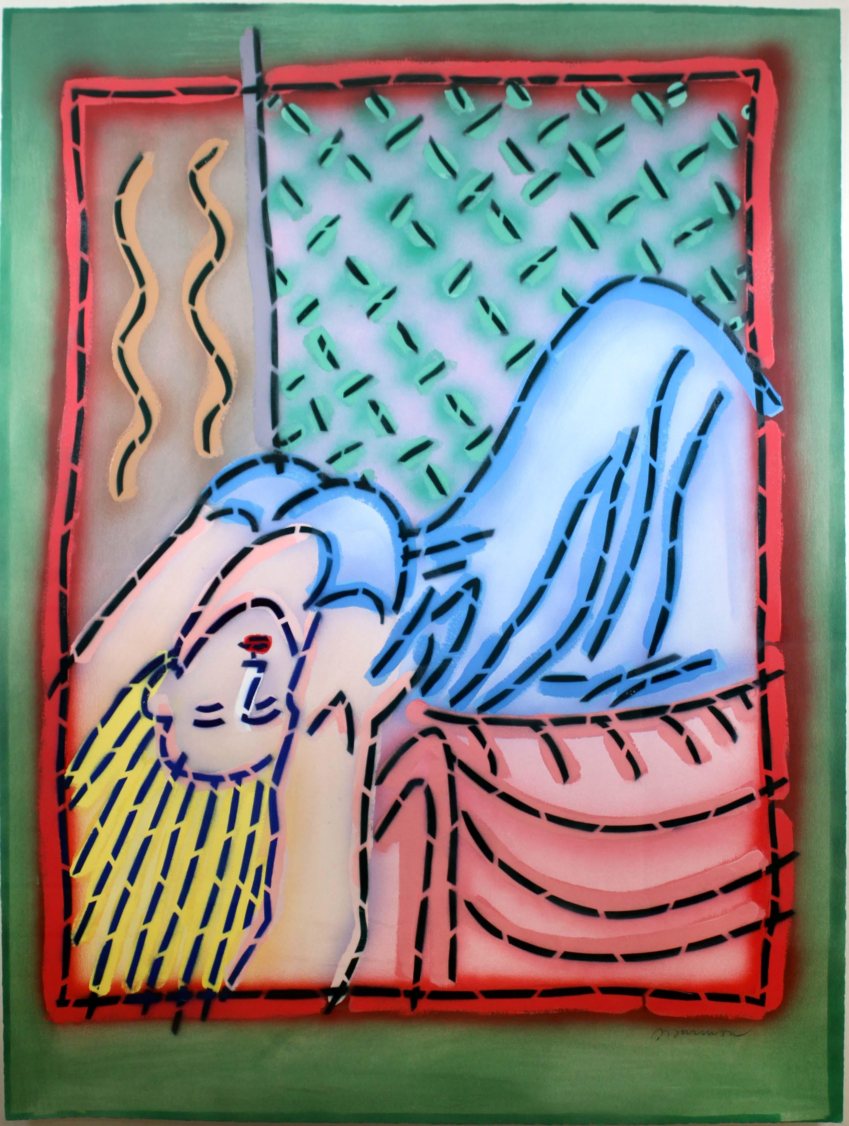 A marvelous monumental mixed-media painting on paper depicting a reclining nude. Signed in pencil on the bottom right, circa 1990s. A fantastic re-interpretation of pop art that adds an element of pizzazz and glamour to a contemporary space. The