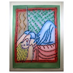 Contemporary Pop Art Mixed Media Painting Signed Reclining Woman in Lucite Frame