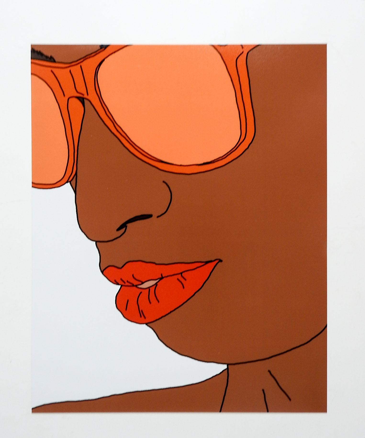 Contemporary 2021 Pop Art giclee print on satin photographic paper paper by David Grinnell (21st century) Texas. Printed artist and titled Orange Wayfarers on verso. Graphic stylish portrait of African American woman wearing sunglasses. Unframed,
