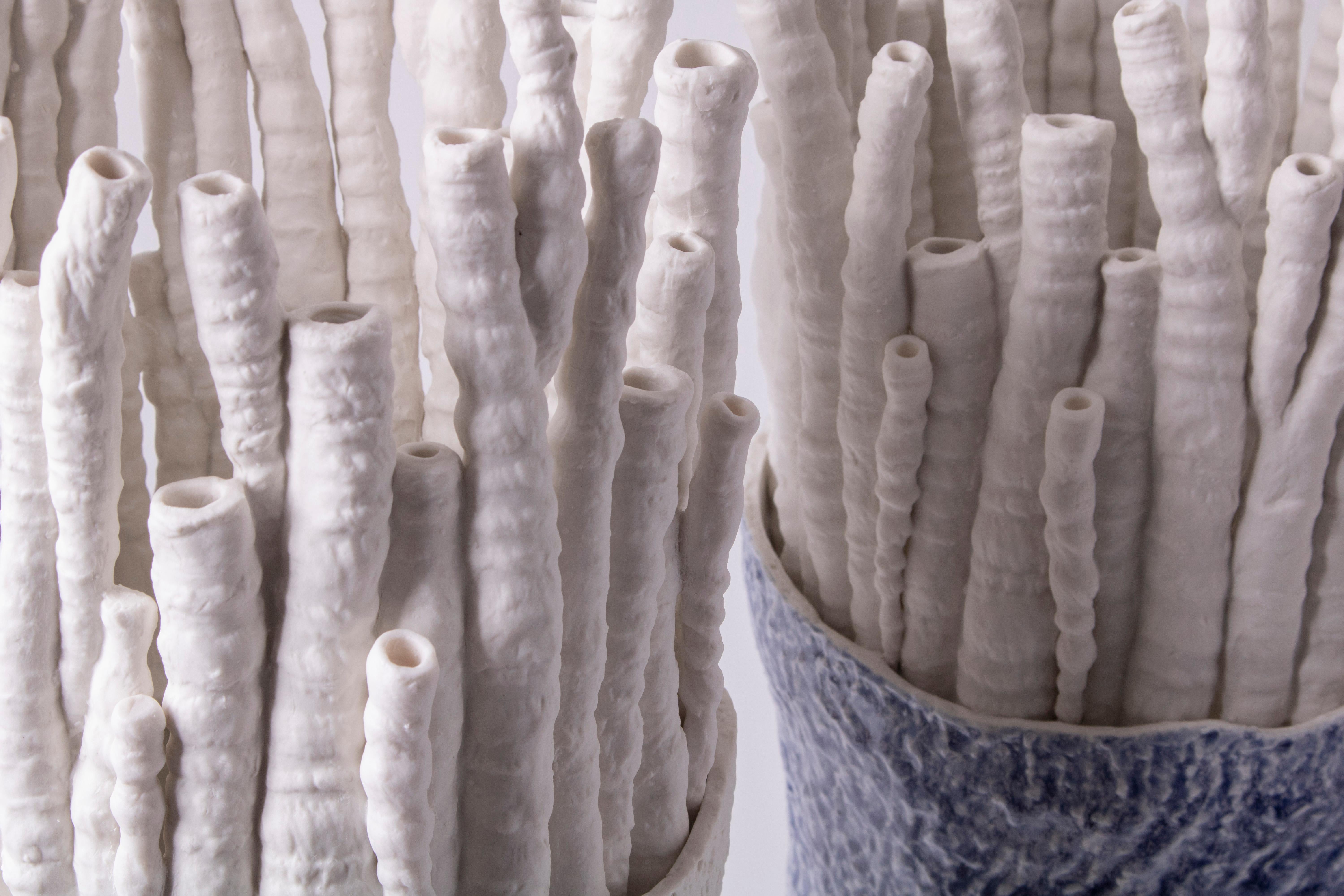 Italian Contemporary Porcelain Blue Vase White Sea Corals Nature Ceramic Handmade Fos