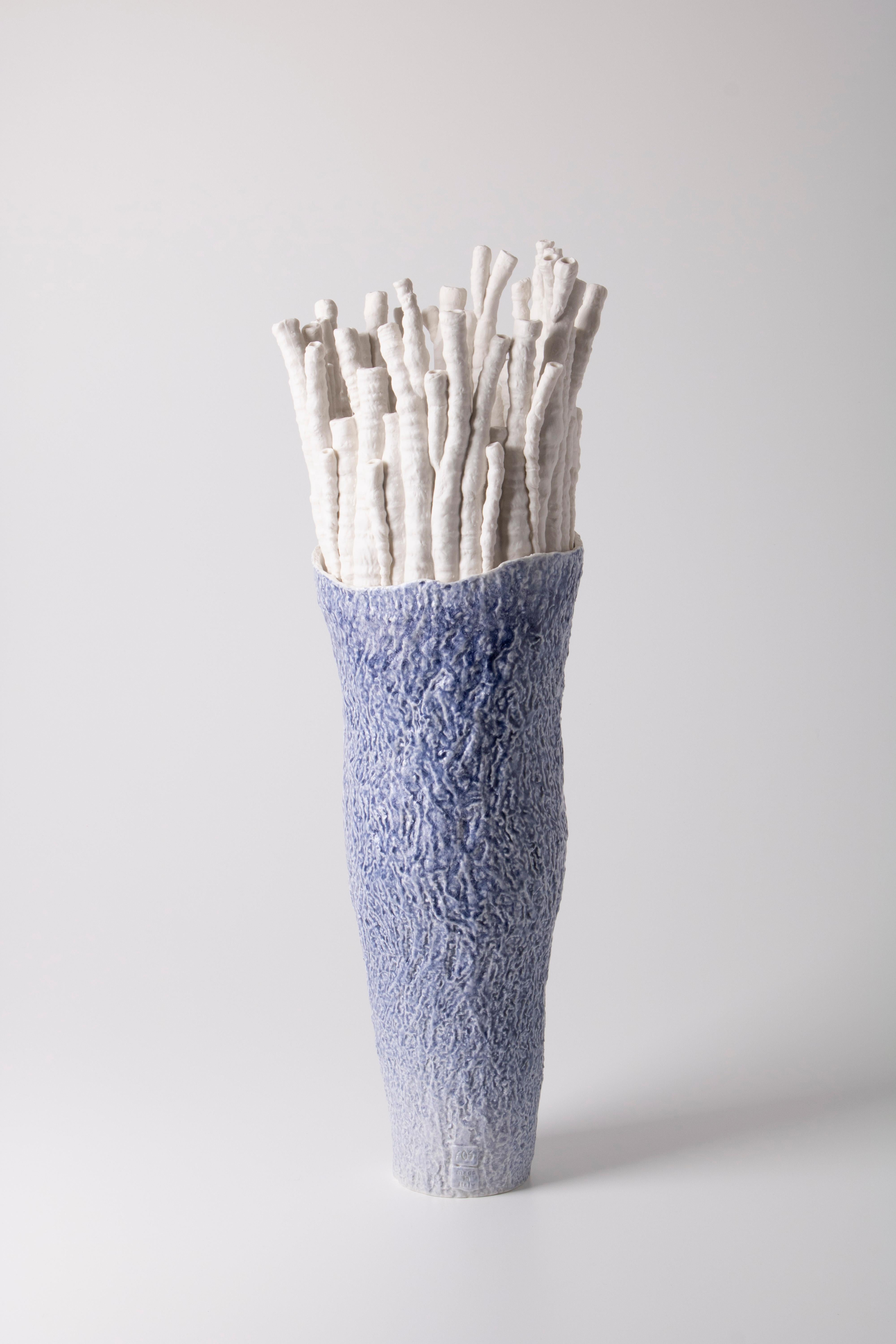 Cast Contemporary Porcelain Blue Vase White Sea Corals Nature Ceramic Handmade Fos