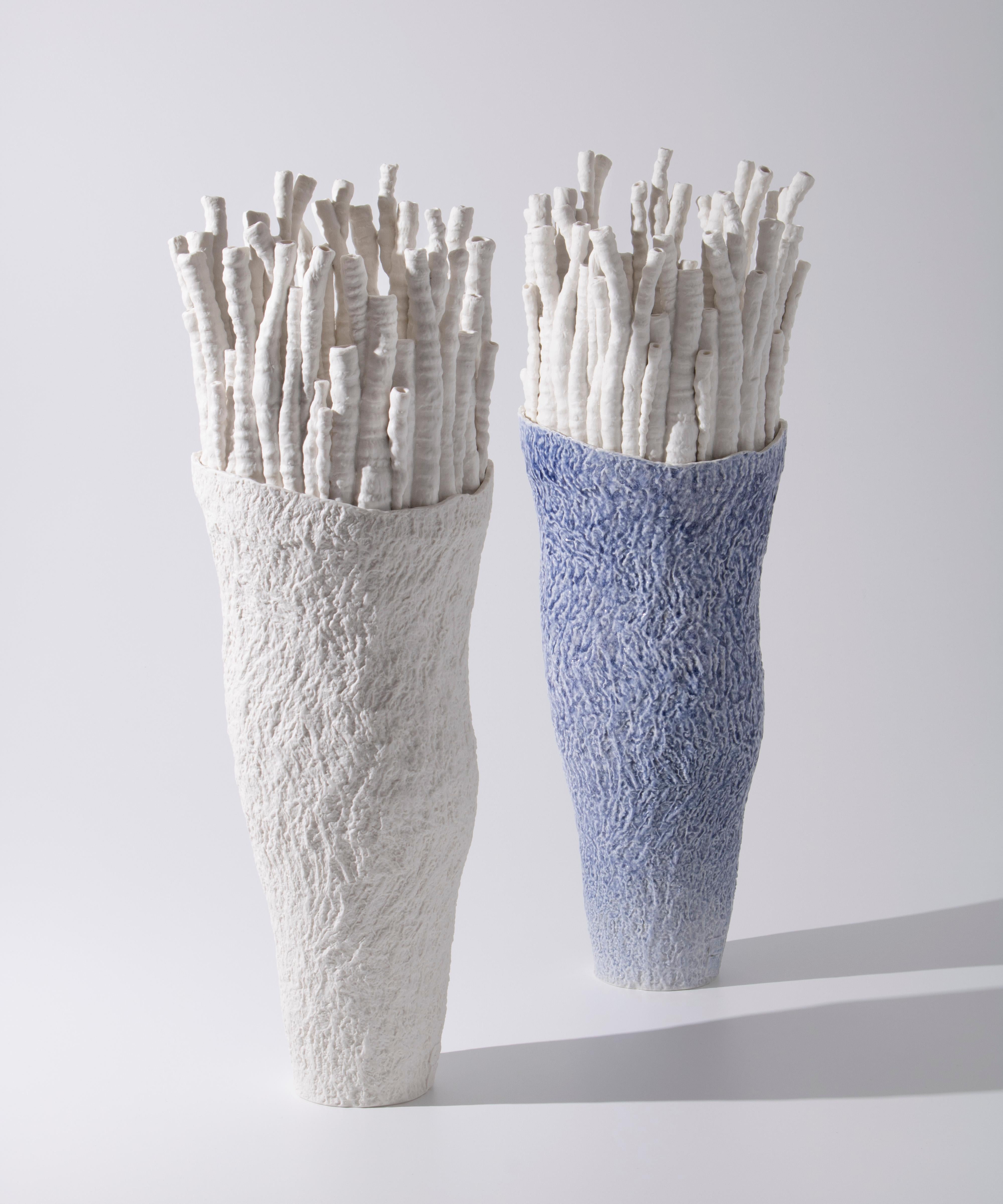 Contemporary Porcelain Blue Vase White Sea Corals Nature Ceramic Handmade Fos In New Condition In Faenza, IT