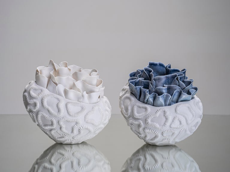 Cast Contemporary Porcelain Blue White Sculpture Sea Coral Nature Handmade Italy Fos For Sale