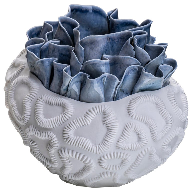 Contemporary Porcelain Blue White Sculpture Sea Coral Nature Handmade Italy Fos For Sale