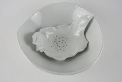 Contemporary Porcelain Bowl and Sieve with White Glossy Glaze