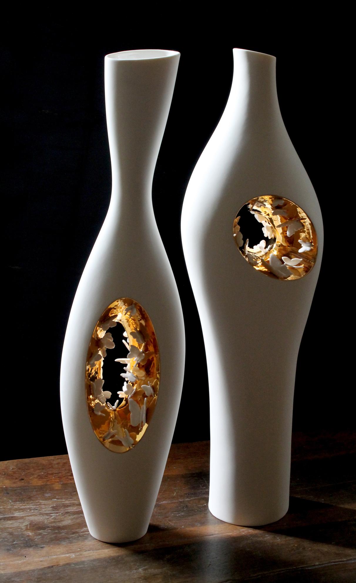 Italian Contemporary Porcelain Couple Vases Gold Butterflies Sculpture Italy Fos For Sale
