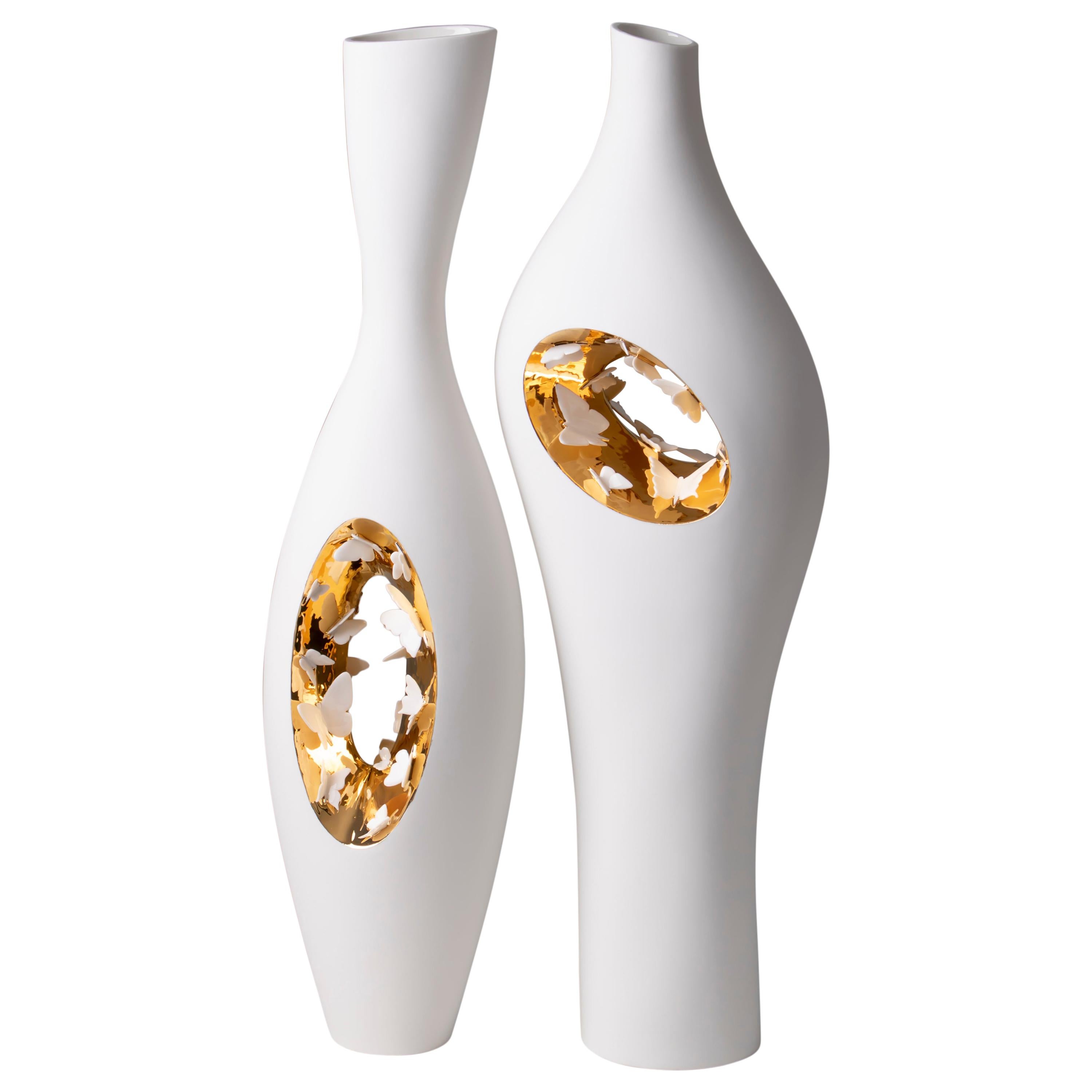 Contemporary Porcelain Couple Vases Gold Butterflies Sculpture Italy Fos