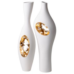 Contemporary Porcelain Couple Vases Gold Butterflies Sculpture Italy Fos