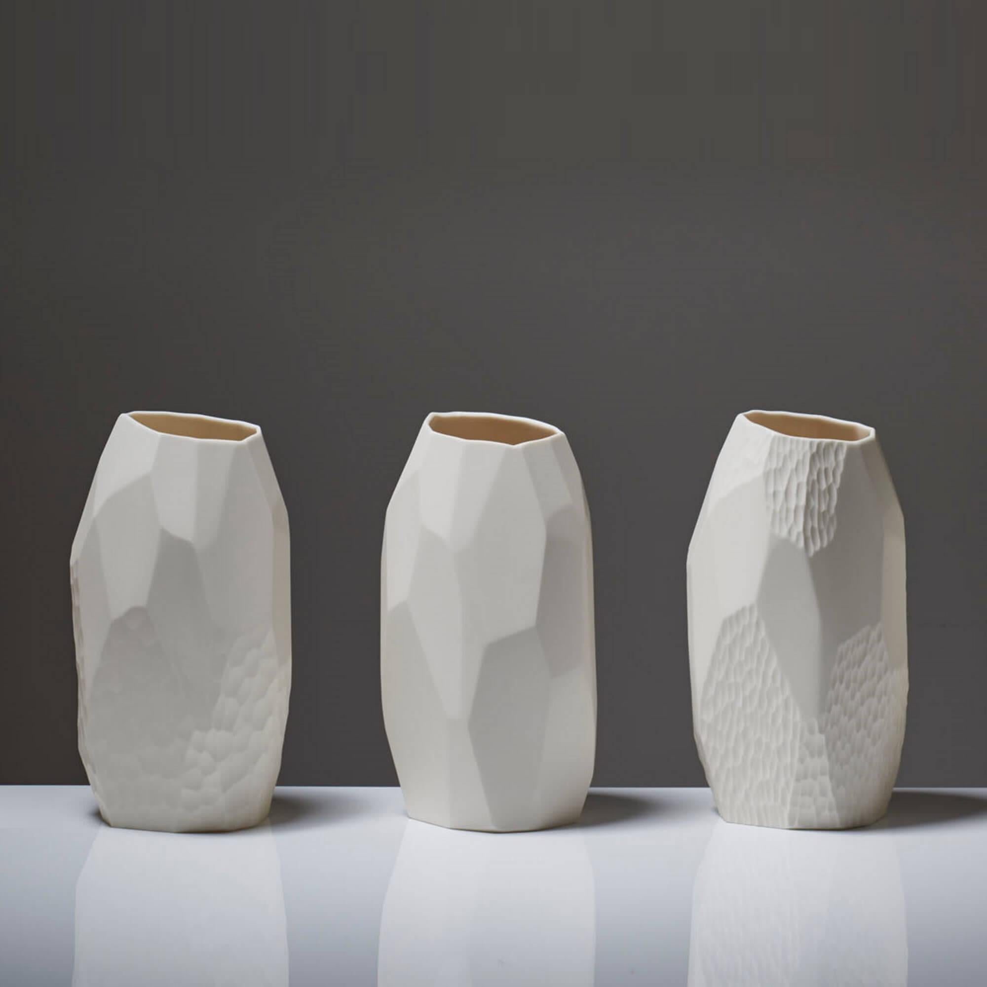 Inspired by rock formation, Fragments is a collection of porcelain vases, the largest yet produced by the duo. Each porcelain vase is made using traditional slip casting technique, where liquid clay in poured into a plaster mould and allowed to form