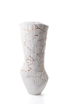 Contemporary Porcelain Tall Vase White Gold Kintsugi Ceramic Hand-Painted Fos