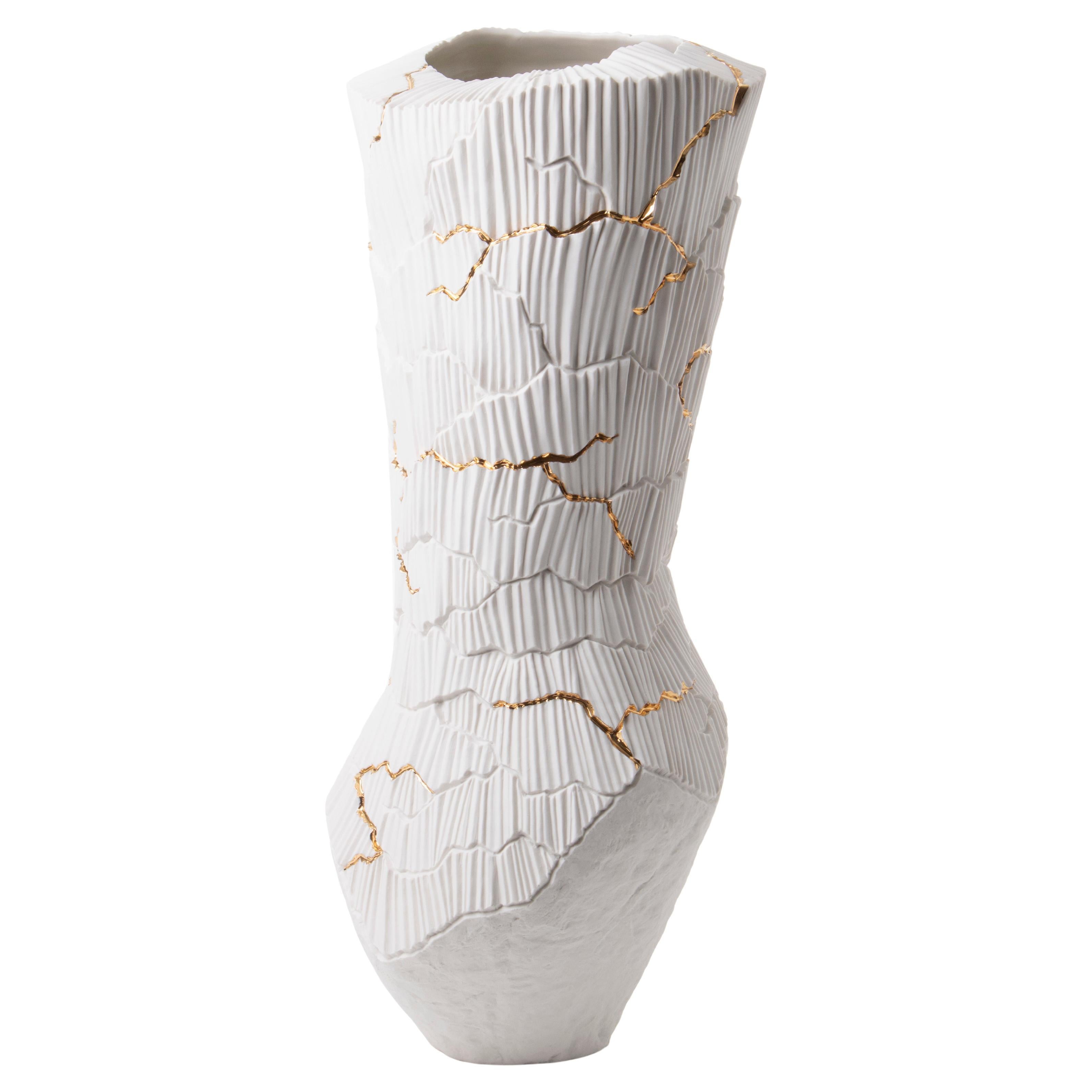 Contemporary Porcelain Tall Vase White Gold Kintsugi Ceramic Hand-Painted Fos