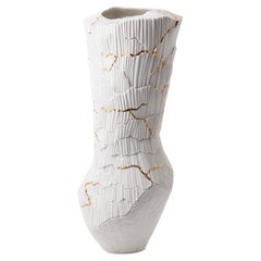Contemporary Porcelain Tall Vase White Gold Kintsugi Ceramic Hand-Painted Fos