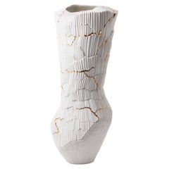 Contemporary Porcelain Tall Vase White Gold Kintsugi Ceramic Hand-Painted Fos