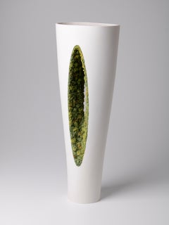 Contemporary Porcelain Tall Vase White Green Moss Ceramic Hand-Painted Fos