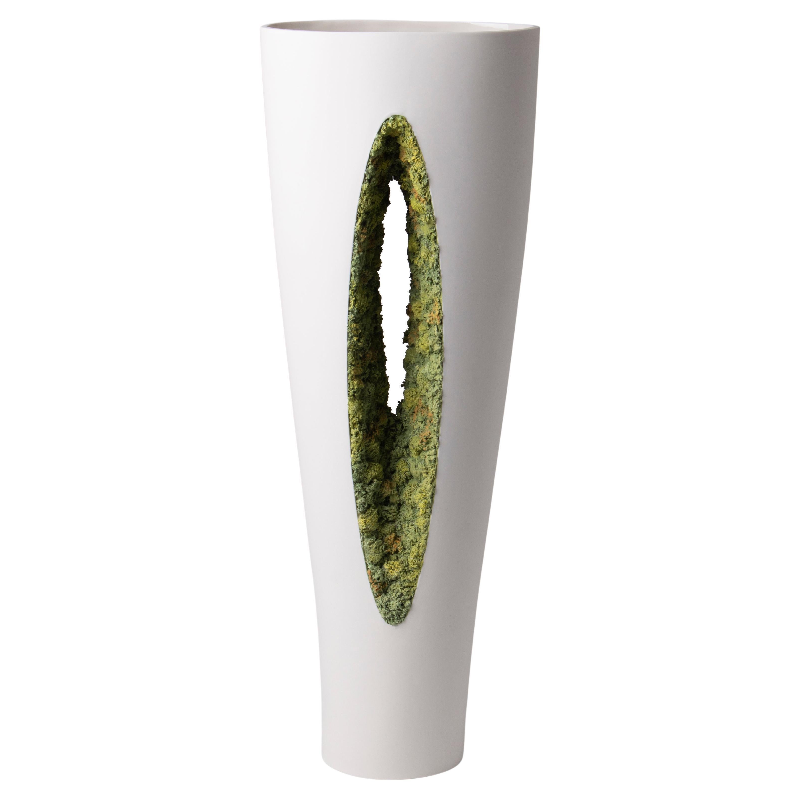 Contemporary Porcelain Tall Vase White Green Moss Ceramic Hand-Painted Fos For Sale