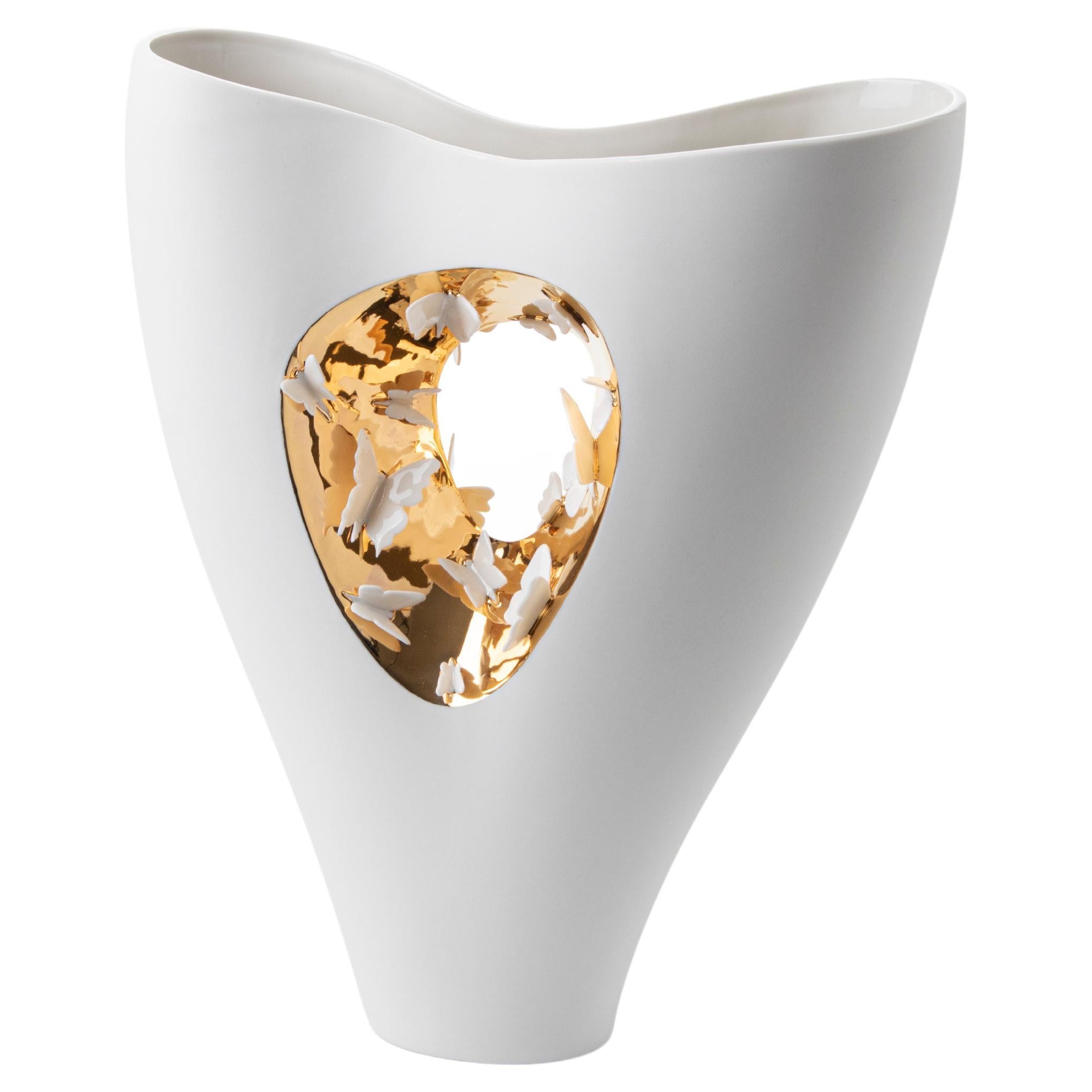 Contemporary Porcelain Vase Gold Butterflies Handmade Sculpture Fos Ltd Edition For Sale