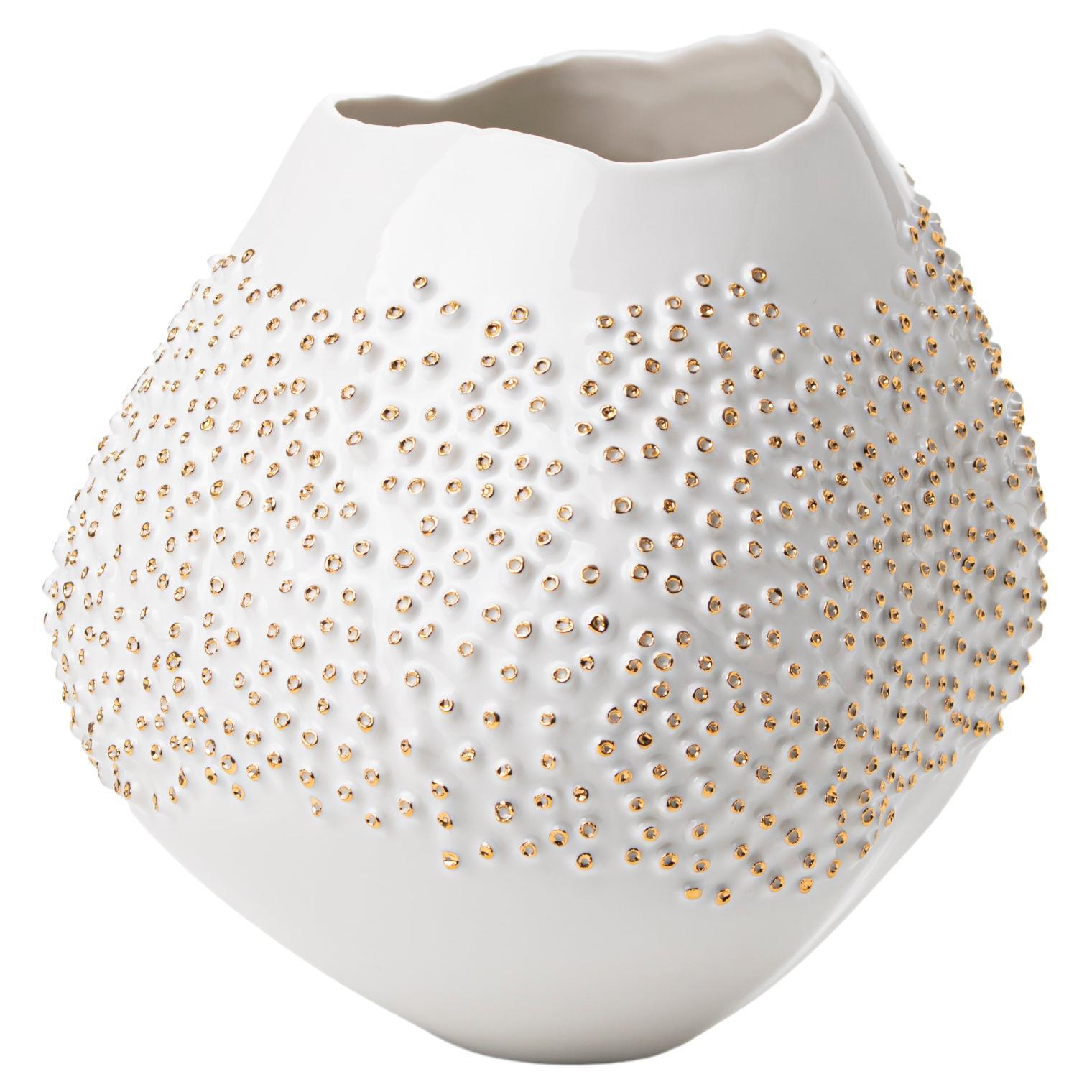 Contemporary Porcelain Vase Gold Dots White Ceramic Ocean Hand-Painted Italy Fos For Sale